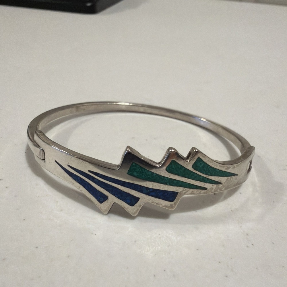 Vtg Mexican Alpaca Silver Modernist Abalone Inlay Hinged Bangle Bracelet  7"